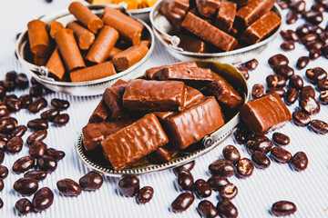 Assortment of delicious chocolate candies background. Chocolate candy isolated 