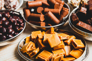 Assortment of delicious chocolate candies background. Chocolate candy isolated 