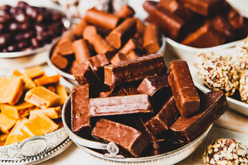 Assortment of delicious chocolate candies background. Chocolate candy isolated 