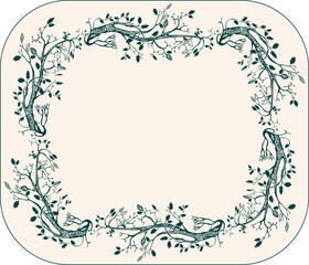 Decorative greeting card with border from silhouettes curved fantasy trees