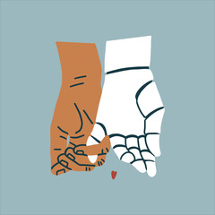 The hands of a human and a robot hold each other with their little fingers. Isolated flat fully editable illustration on a light blue background.
