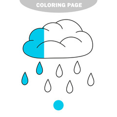 Simple coloring page. Cute raining cloud. Vector black and white coloring page for kids. Half painted picture with color samples