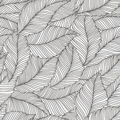 seamless floral abstract background with  leaves drawn by thin lines. Black and white, monochrome