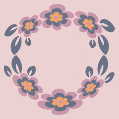 Illustration - Round frame or wreath on a square background - stylized flowers and leaves - graphics. Design elements
