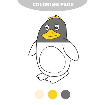 Simple coloring page. Vector illustration of Penguin cartoon - Coloring book for kids. Half painted picture with color samples