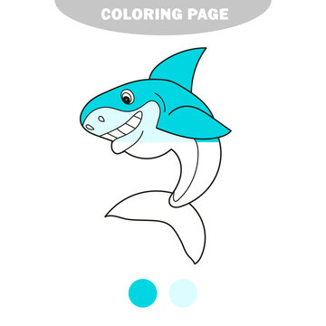 Simple coloring page. Black and White Cartoon Vector Illustration of Shark Fish Sea Life Animal. Half painted picture with color samples