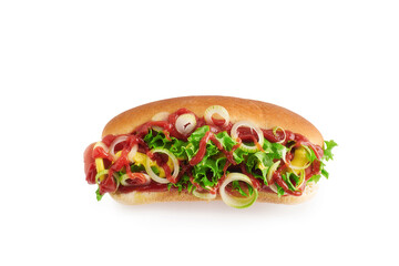 Fresh made Hot dog with ketchup, mustard and salad