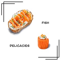 Set fish delicacies. Pastel illustration