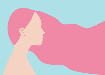 vector illustration of young woman with pink hair copy space. female profile, female beauty concept, hair care