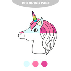 Simple coloring page. Unicorn. Magical animal. Vector artwork. Black and white. Coloring book pages for kids. Half painted picture with color samples