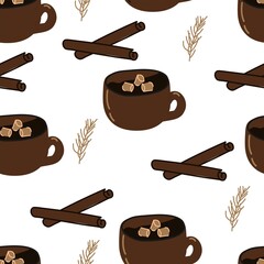 Vector. Merry Christmas and Happy New Year seamless pattern. Winter background with drawn cartoon mug of hot cocoa with marshmallows, spruce branches and cinnamon sticks. Scandinavian style.