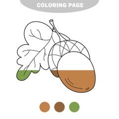 Simple coloring page. Acorn - coloring page, game for children, kids. Half painted picture with color samples