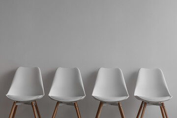 Row of four white chairs on gray wall background in office or living room