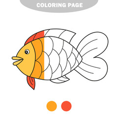 Simple coloring page. Drawing worksheet for preschool kids with easy gaming level - Gold Fish. Half painted picture with color samples