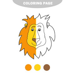 Simple coloring page. Coloring book for children. Cartoon cute lion on white. Half painted picture with color samples