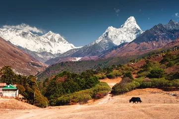 Fotobehang Ama Dablam Uitzicht op de bergen Everest, Lhotse en Ama Dablam vanuit het dorp Tengboche, Nepal. Everest Basecamp-trektocht. Herfst landschap
