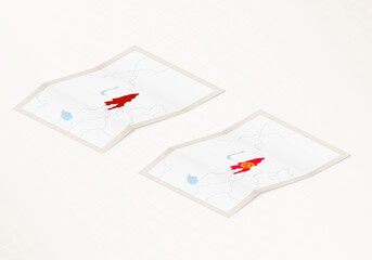 Two versions of a folded map of Kyrgyzstan with the flag of the country of Kyrgyzstan and with the red color highlighted.