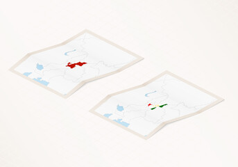 Two versions of a folded map of Tajikistan with the flag of the country of Tajikistan and with the red color highlighted.