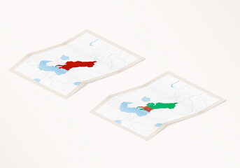 Two versions of a folded map of Turkmenistan with the flag of the country of Turkmenistan and with the red color highlighted.