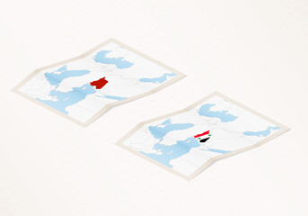 Two versions of a folded map of Syria with the flag of the country of Syria and with the red color highlighted.