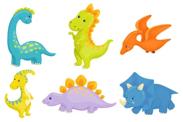 Fotobehang Set cartoon dinosaurussen op een witte achtergrond, vectorafbeeldingen. © Екатерина Якубович