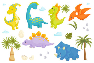 Fototapeta na wymiar Cute dinosaurs and plants clipart. Cartoon vector graphics.