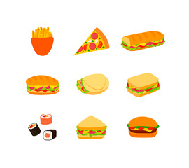set of different fast food icons isolated on white background, burgers, sandwiches, pizza, sushi.
