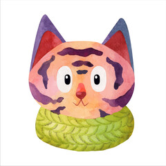 Watercolor cute tiger character on white background