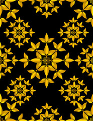 Pattern of decorative golden flowers and tree branches on solid black color