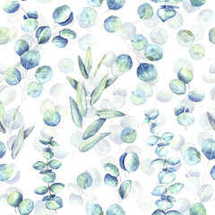 Seamless background with watercolor eucalyptus branches and leaves.