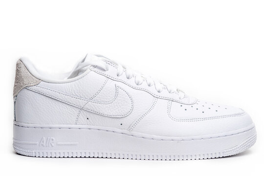 Moscow, Russia - November 2021: Nike Air Force 1 - White Low Classic Basketball Retro Sneakers With Nike Air Technology Consists Of Pressurized Air Inside