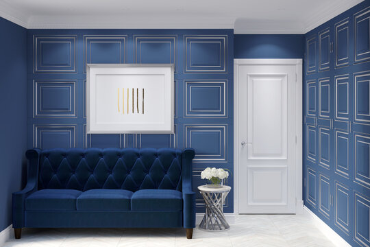 Classic room with a horizontal illuminated poster on blue wall panels, peonies on a marble coffee table next to a dark blue velvet sofa, a white door next to a wardrobe, white parquet floor. 3d render