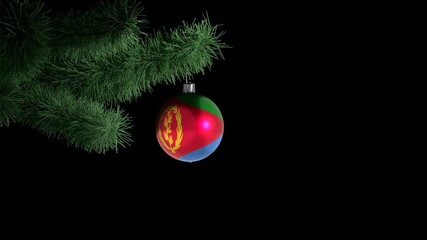 New Year's ball with the flag of Eritrea on a Christmas tree branch in looped animation on a transparent background (alfa chanel). Christmas and New Year concept.
