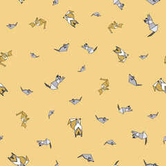 Vector Little Origami Cats with Mouse seamless background pattern