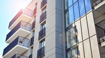 Residential apartment modern housing. Glass city architecture. Luxury business building. Family home.