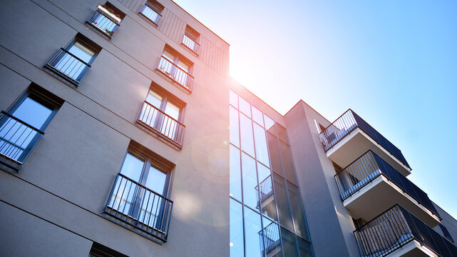 Residential apartment modern housing. Glass city architecture. Luxury business building. Family home.