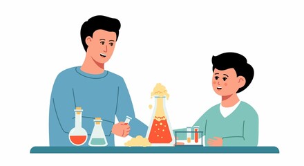 Fototapeta na wymiar Cartoon father and son doing chemistry experiment in laboratory glassware at home. Chemistry lesson for children. Master class for child. Home laboratory. Vector trendy illustration