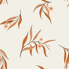 Fototapeta na wymiar Seamless pattern with sprigs of dry plants. Abstract composition of falling twigs with small flowers and long leaves on a light background. Seamless floral pattern in vintage style. Vector.