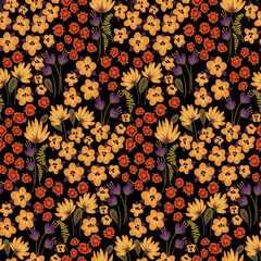 Seamless pattern with flower meadow in autumn colors. Old-fashioned floral arrangement with various small flowers and leaves. Vector botanical print.