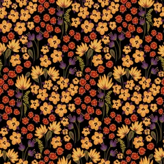 Fotobehang Seamless pattern with flower meadow in autumn colors. Old-fashioned floral arrangement with various small flowers and leaves. Vector botanical print. © Yulya i Kot