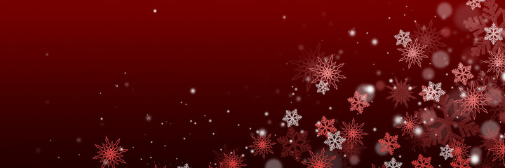Fototapeta na wymiar Beautiful snowflakes and bokeh on a dark red background. Wide Christmas background for design and web use.