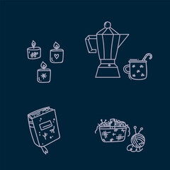 A set of icons in the style of Hugge. For home comfort and warmth in the Danish style. A collection with candles, a teapot, a cup, a book. Vector illustration