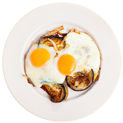 Appetizing fried eggs made with fried eggplants and onions. Isolated over white background