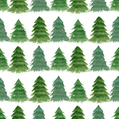 Watercolor seamless pattern, fir trees on a white background. Winter pattern for various festive products.