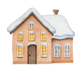 Green house with a snow-covered roof. Watercolor illustration isolated on white background.