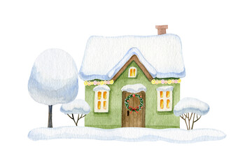 Cute green house with a snow-covered roof decorated with garland and Christmas wreath, snowy tree and bushes. Watercolor illustration isolated on white for greeting card, poster.