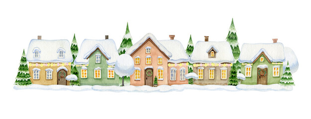 Christmas street with cute houses decorated with garland and Christmas wreaths, snowy trees, bushes and fir-trees. Watercolor illustration isolated on white for greeting card, poster, banner.