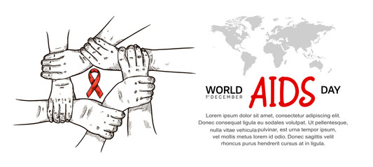 World AIDS Day with hand holding and red ribbon, world map hand drawn style. Vector can be use for poster, campaign and banner