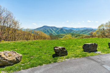 Blue ridge parkway Wintergreen resort town mountains in spring springtime sunny day with yellow...
