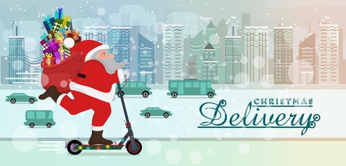 Christmas Delivery Service By Electric Scooter. Santa Claus Ride Electric Scooter, Christmas Holiday Happy New Year 